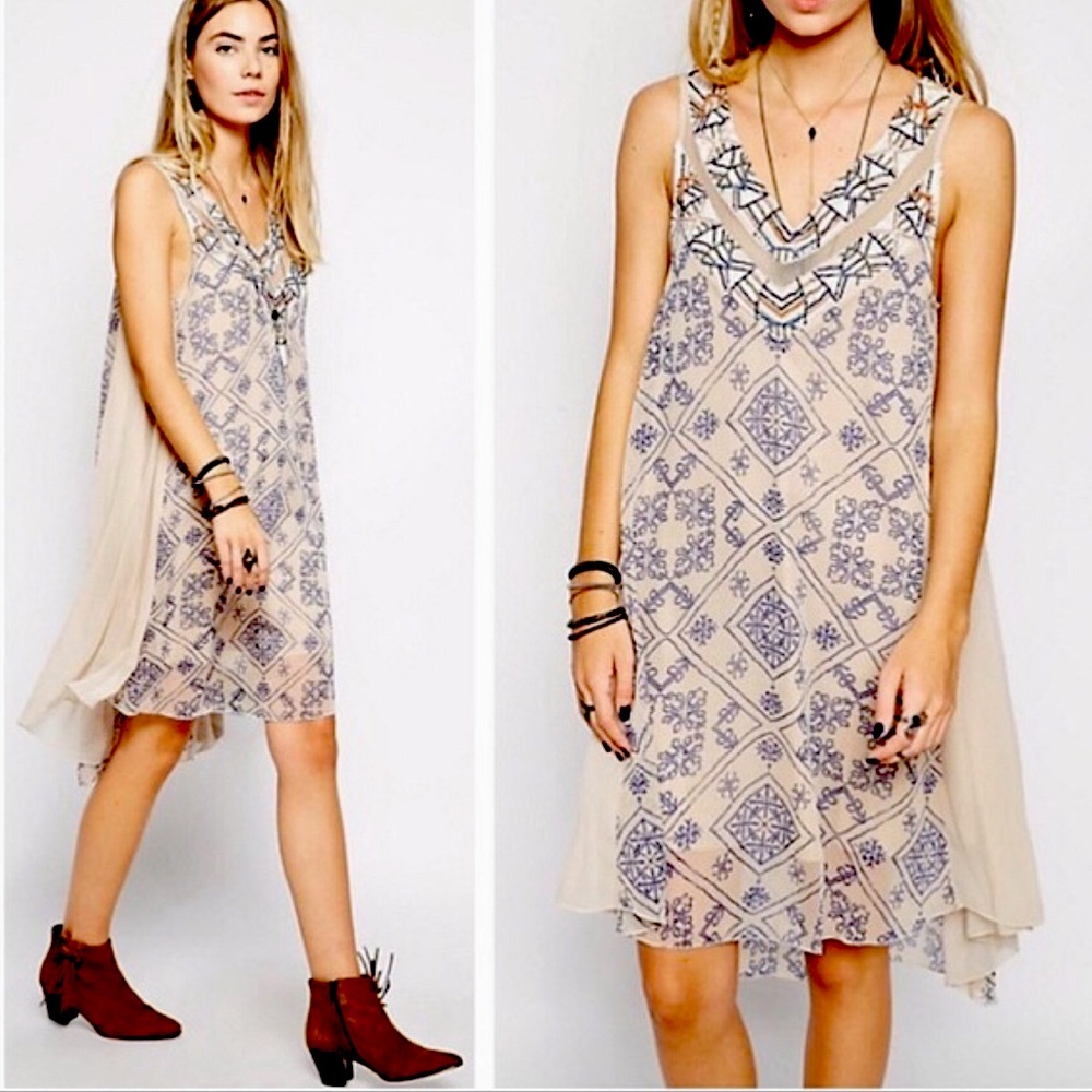 Free People embroidered boho beaded shift dress